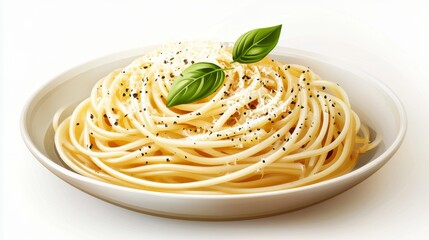 An image of spaghetti or pasta with truffle and cream sauce on a white plate, referred to as a Titansteel Plate, in illustration form