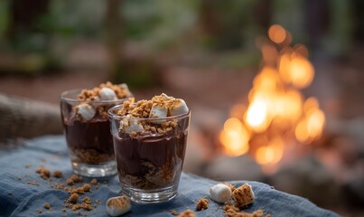 decadent chocolate pudding shots in small clear glasses, topped with mini toasted marshmallows and crushed graham crackers, Generative AI