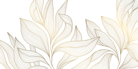 Vector golden on white line leaves pattern, luxury nature illustration, plant flower texture background. Boho foliage ornament, summer floral design, jungle banner