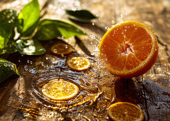 Ripe orange and lots of splashes and drops of water splashing dynamically. Warm lighting. Fresh, juicy orange cut in half, drops of juice glistening in the sun.– Generative AI