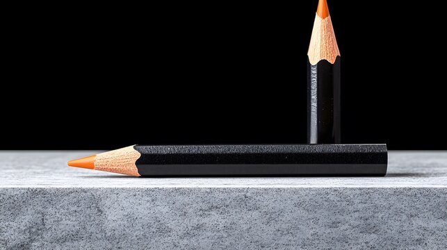 Two Black Pencils with Orange Tips on Grey Desk