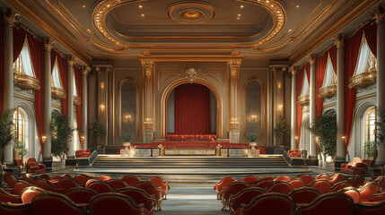 Grand ornate auditorium with red seating and gold accents.
