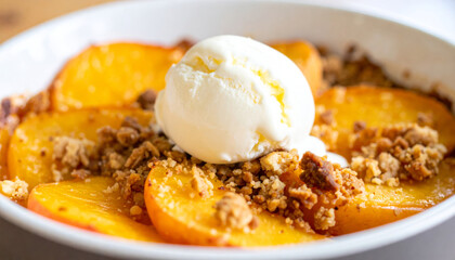 Delicious dessert featuring baked peaches topped with creamy vanilla ice cream and crunchy crumble, creating delightful combination of flavors and textures