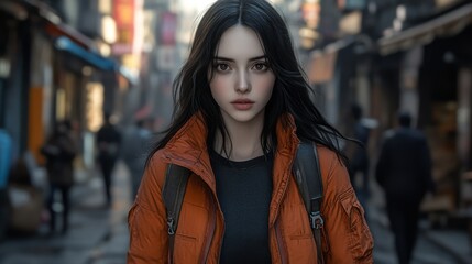 This illustration is a portrait of a woman in an orange blazer, situated in an urban alleyway, with intricate ebon-stitched fabric designs