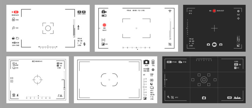 Photo and video camera viewfinder display screen frames set. Vector camera UI digital overlays with focus indicators, recording timers, battery levels, ISO, and zoom icons in white and black colors