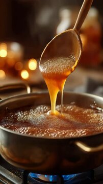 Close-up of adding sugar to a delicious compot in a pot on the stove