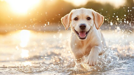 Dog Running in Water at Sunset