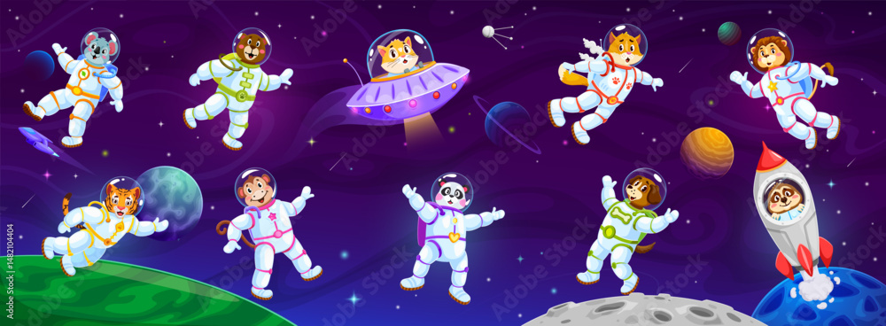 Poster cartoon funny animal astronauts in galaxy outer space, vector spaceman personages. cartoon zoo anima