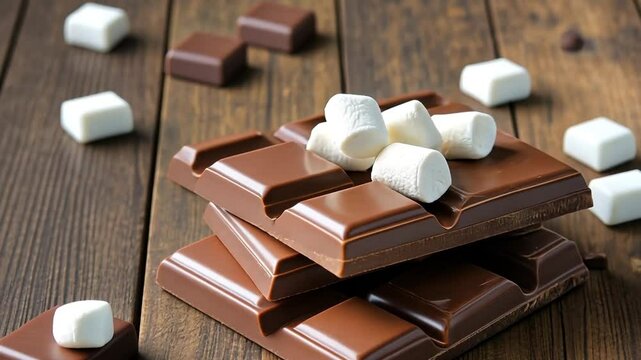 Chocolate and Marshmallows Minimalist Snack Composition on Brown Wood none concept