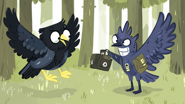 Birds in forest with a bag