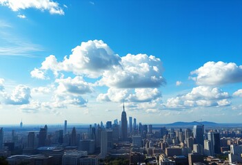 Elegant City skyline with fluffy clouds overhead.