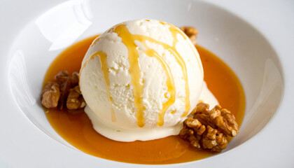 Creamy vanilla ice cream topped with rich caramel sauce and garnished with crunchy walnuts creates delightful dessert experience. combination of flavors and textures is truly satisfying
