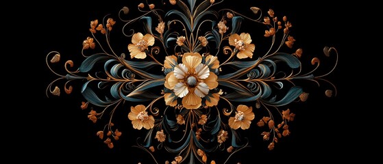 Intricate floral design with dark teal and gold accents, featuring stylized blossoms in warm hues against a black background