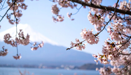 Blossoming cherry trees frame serene view of Mount Fuji, creating picturesque scene filled with delicate pink flowers against clear blue sky. tranquil atmosphere evokes sense of peace and beauty