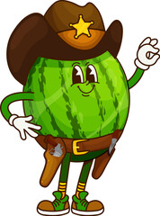 Cartoon groovy watermelon sheriff or cowboy ranger and bandit, vector character. Funny groovy watermelon in cowboy hat as Wild West sheriff or Western ranger and fruit bandit character with Ok gesture