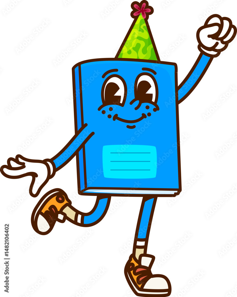 Poster cartoon groovy school notebook stationery character. isolated vector retro book or textbook personag