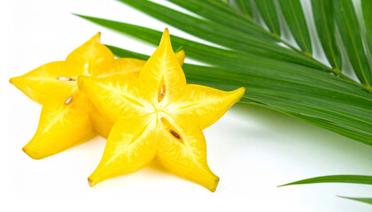 Fototapeta premium Fresh star fruit, also known as carambola, showcases its vibrant yellow color and unique star shape, surrounded by lush green palm leaves, creating tropical and refreshing atmosphere