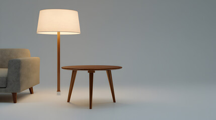 Fototapeta premium a minimalist living room interior featuring a comfortable armchair, a wooden coffee table, and a standing lamp with a soft white shade. It creates a cozy and inviting atmosphere.