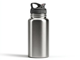 Silver stainless steel water bottle on a white background.