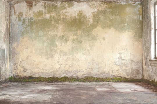 Derelict room with peeling walls and mossy floor - Powered by Adobe