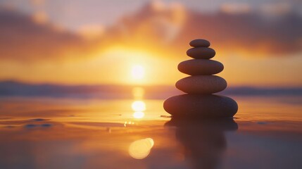 Stacked stones on a wet beach at sunset, serene scene. Use it to illustrate balance, peace, or relaxation in your project.