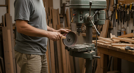 Torso Shot of Man Sanding Wood with Drill Press in Workshop Filled with Lumber Warm Light