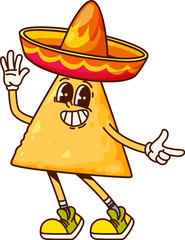 Cartoon groovy Mexican nachos chip character wearing sombrero and sneakers. Isolated vector tex mex snack food mariachi personage has a big smile and playful pose, embodying a festive Fiesta y2k vibe