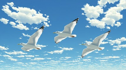 The illustration depicts seagulls flying in a clear blue sky, accompanied by Warp-Spun Strands