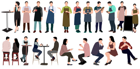 people at cafe. Men and women sitting at cafe and drinking coffee or tea and enjoying coffee. Vector illustration in flat style.
