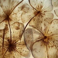 Delicate pressed flowers, translucent and brown, showcasing intricate details