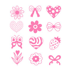 Romantic Coquette Doodles Set. Hand drawn pink elements for wedding design. Girlie flowers hearts bows berries icon symbols. Vector illustration