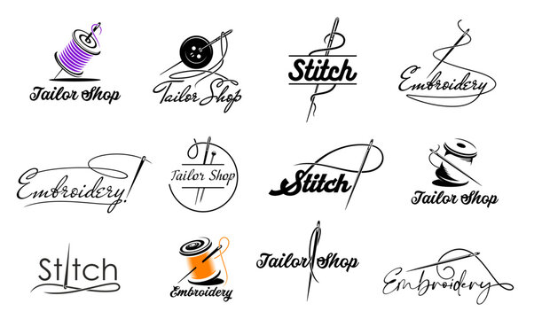Tailor shop, embroidery and stitch icons with vector sewing needles, thread, button and pin. Thin line sewing tools symbols, tailor shop, sewing workshop, fashion designer atelier or studio emblems