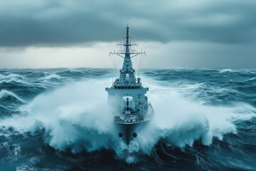 Navy warship cutting through rough, stormy ocean waves under an overcast sky. Show power, resilience, or maritime strength in a presentation or campaign.