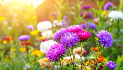 Obraz premium Beautiful flower garden with vibrant purple, pink, and white blooms, illuminated by warm sunlight, creating serene and joyful atmosphere