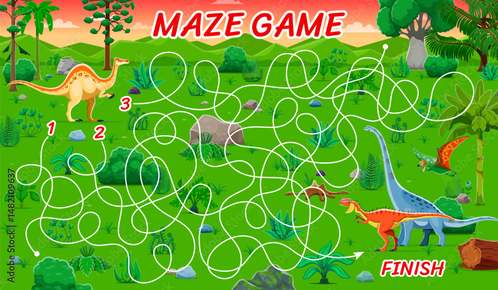 Poster kids labyrinth maze game, help to dinosaur find the exit puzzle quiz vector worksheet. cute dinosaur