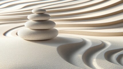 Zen stones are stacked on raked sand, creating soothing, clean lines. Use this for spa, wellness, balance, or meditative concepts.
