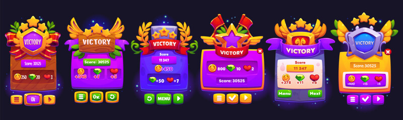 Victory game frame and banners set, vector UI assets. Cartoon victory game frames, interface buttons, winner score boards and menu screens with gold stars, wings, shields, wreaths and ribbon banners © Vector Tradition