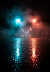 Photo of Empty City Street at Night in Rain and Fog