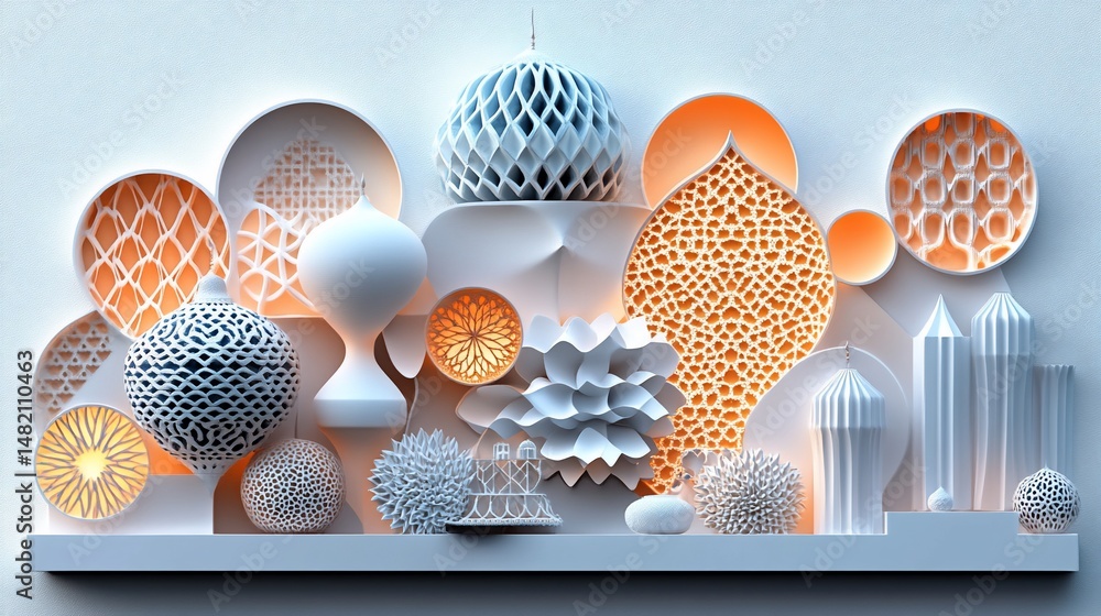 Poster intricate white and orange geometric 3d artwork featuring spheres, lattice patterns, and architectur
