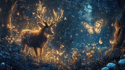 Fototapeta premium Enchanted forest scene with glowing deer and butterflies in magical nighttime setting