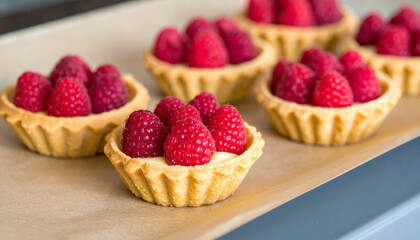 Delicious dessert tarts filled with creamy custard and topped with fresh raspberries create delightful treat that is visually appealing and perfect for any occasion