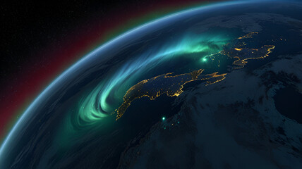 "An aurora borealis visible from space around a frozen planet"


