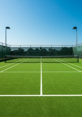 Photo of Empty Tennis Court Green Grass Under Blue Sky
