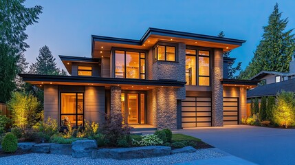 A modern house at night.  