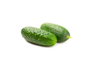 Cucumber isolated on white background. Slice of cucumber on white background. Fresh organic green cucumbers. Vegan. Ingredient for salad. Farm vegetables.
