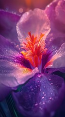 Vibrant Purple and Orange Iris Flower with Dewdrops. Macro Photography Reveals Intricate Petal Texture, Creating a Dreamy and Cinematic Fantasy Effect
