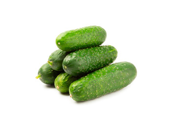Cucumber isolated on white background. Slice of cucumber on white background. Fresh organic green cucumbers. Vegan. Ingredient for salad. Farm vegetables.