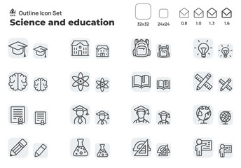 Science and Education. Concept editable stroke outline icons set isolated on white background flat vector illustration. Pixel perfect