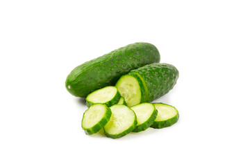 Cucumber isolated on white background. Slice of cucumber on white background. Fresh organic green cucumbers. Vegan. Ingredient for salad. Farm vegetables.