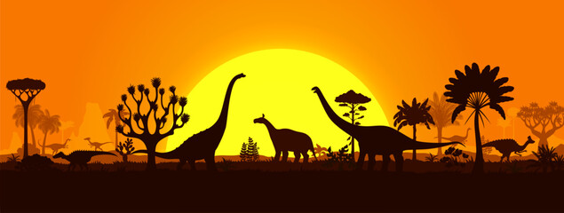Dinosaurs silhouettes on sunset prehistoric landscape with palm trees, hills and plants. Vector serene background with dino species shadows roaming peacefully in front of large sun in orange dusk sky © Vector Tradition